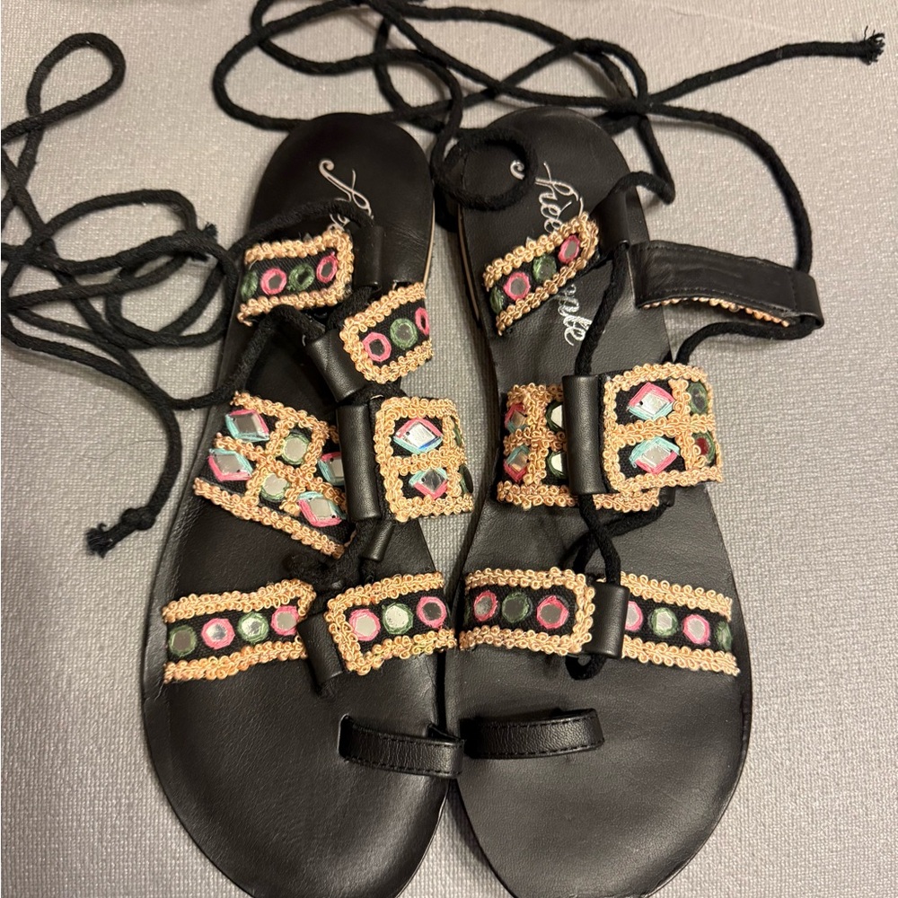 Free People Black and Pink Gladiator Sandals with Decorative Straps